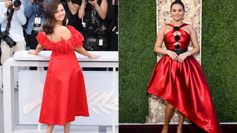 Selena Gomez wearing red fashion to red carpets in 2024.