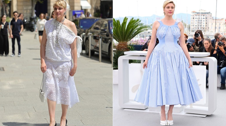 Greta Gerwig wearing underwhelming fashion to events in 2024.