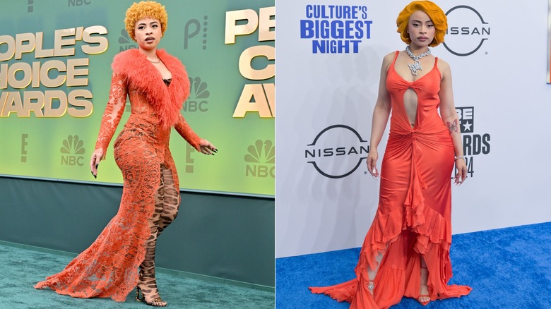 Ice Spice wearing orange fashion to red carpets in 2024.