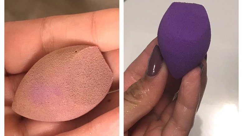 Before and after microwave Beautyblender hack.