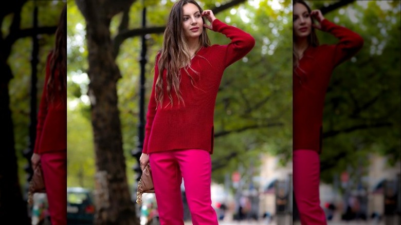 woman in red and pink 