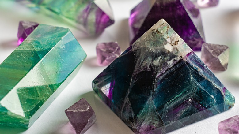 Fluorite crystals in green, purple