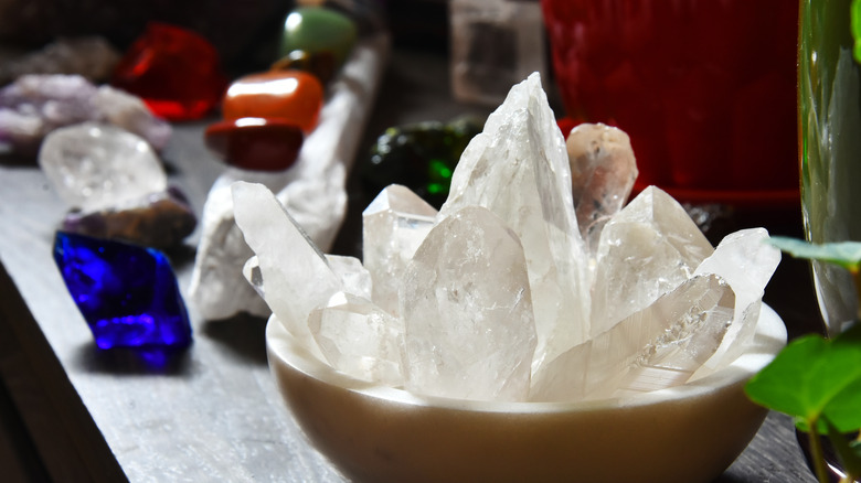 bowl filled with clear quartz crystals