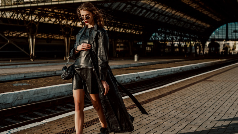 woman wearing leather shorts 