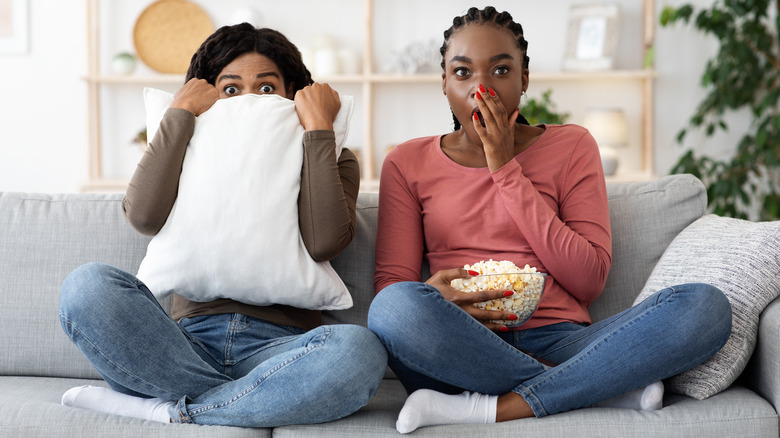 Women watching a scary movie