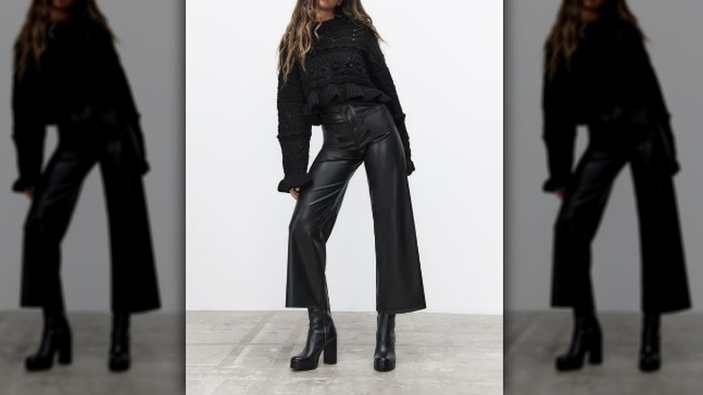 Model wearing Zara leather pants