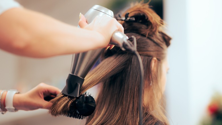 Stylist blow drying a client's hair