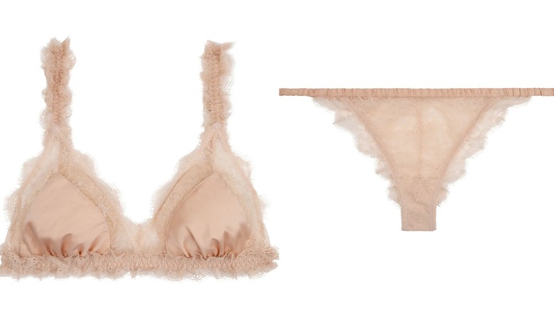 Beige satin and lace bra and thong