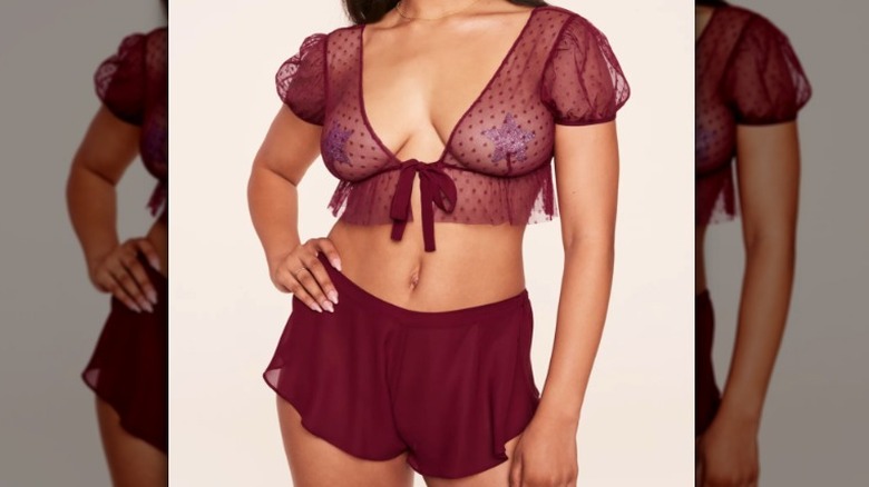 Maroon mesh crop top and short set 