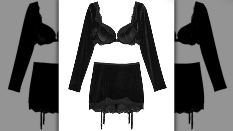 Black velvet push-up bra & garter skirt set