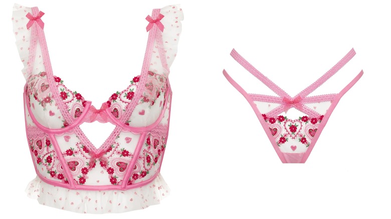 Pink floral and hearts bustier and thong