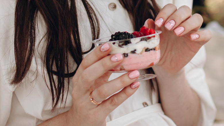 Pink nails white dress