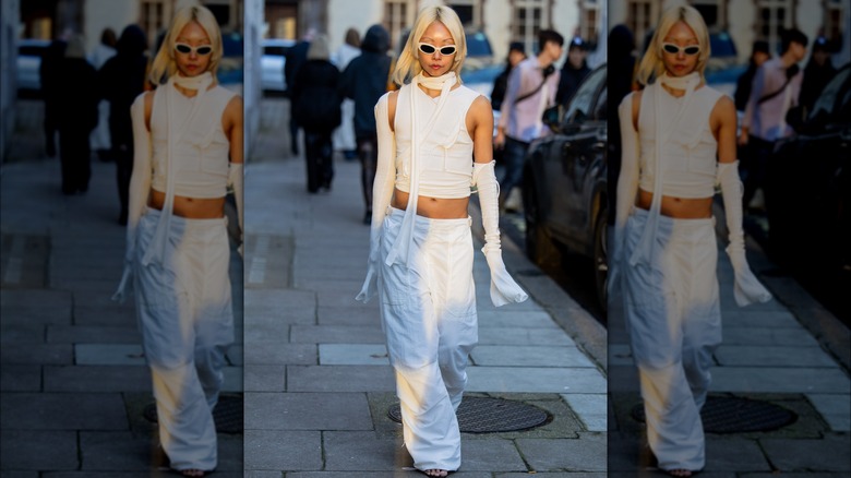 Vanessa Hong in white cargo pants