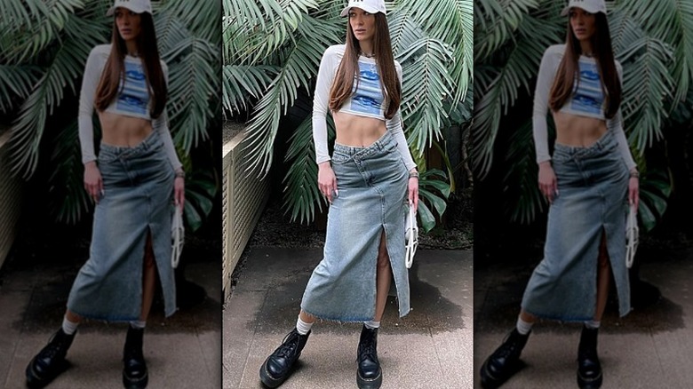 Long denim skirt with combat boots