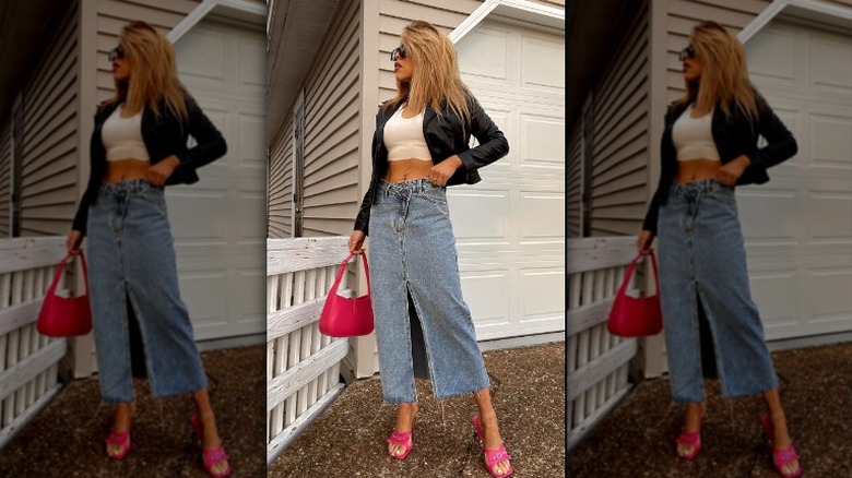 Long denim skirt with heels