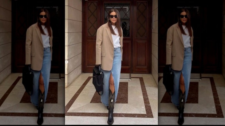 Denim skirt with cowboy boots