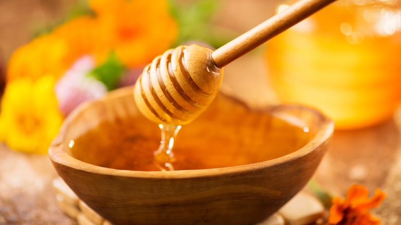 A honey dipper pictured with a bowl full of honey