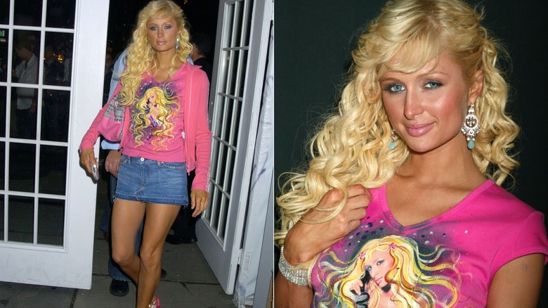 Paris Hilton wearing a pink T-shirt