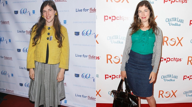 Mayim Bialik wearing colorful fashion in the late 2000s.