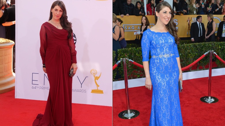 Mayim Bialik wearing glamorous red carpet gowns in 2012 and 2013.