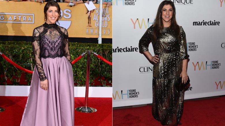 Mayim Bialik wearing glamorous red carpet gowns in 2014 and 2016.