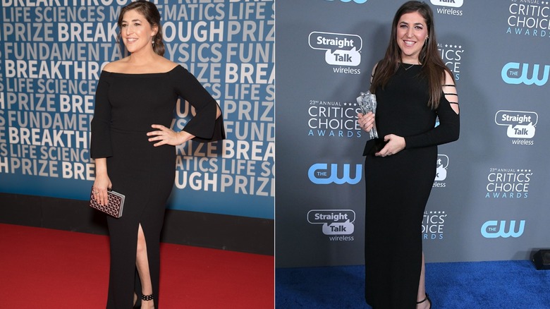 Mayim Bialik wearing black dresses in 2018.