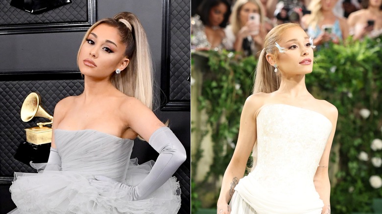 Ariana Grande posing on the red carpet in a side by side picture