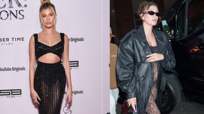 Hailey Bieber posing on the red carpet and walking in an oversized leather jacket