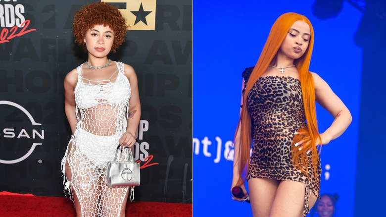 Ice Spice posing on the red carpet and performing with long orange hair