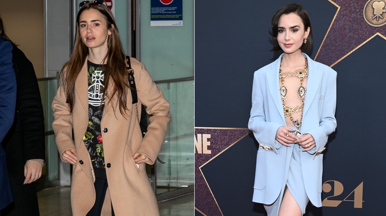 Lilly Collins walking in a coat and then wearing a blue blazer