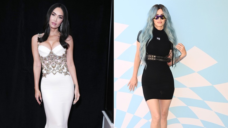 Megan Fox posing in a white dress and then posing in a black dress with teal hair