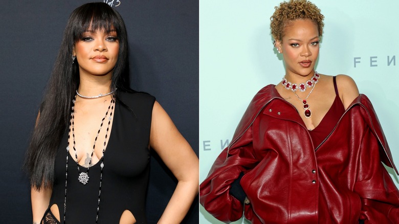 Rihanna posing with long black hair and bangs, and then posing in a red leather outfit with short blond hair