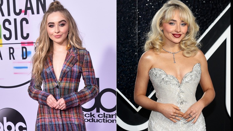 A side by side picture of Sabrina Carpenter posing on the red carpet