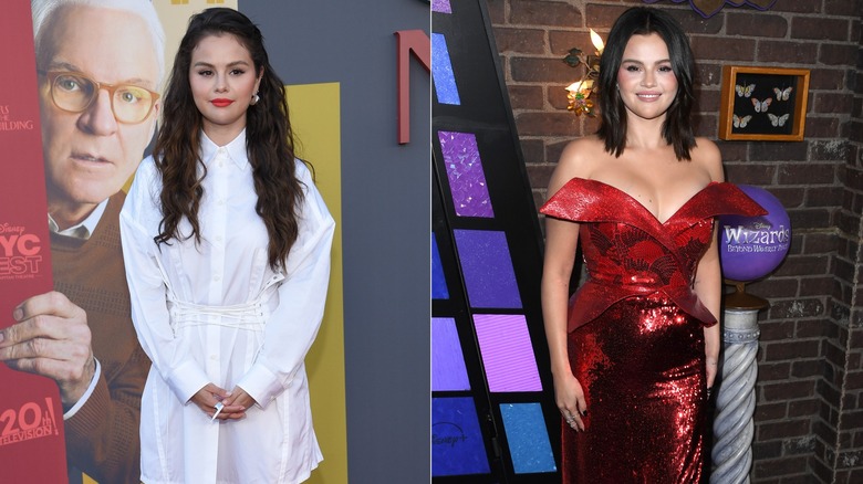 A side by side picture of Selena Gomez in white and posing in red