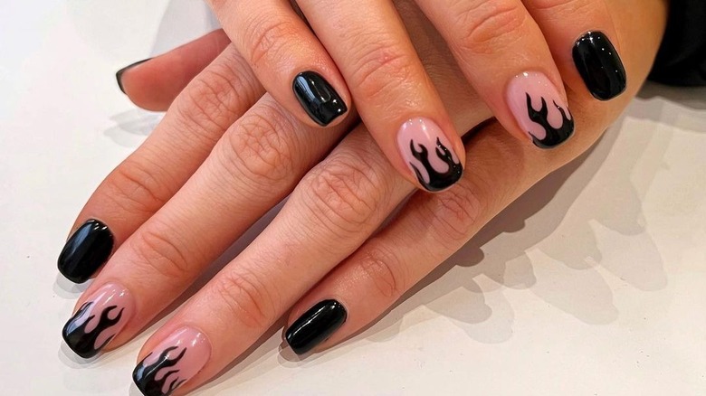 black flames on short nails