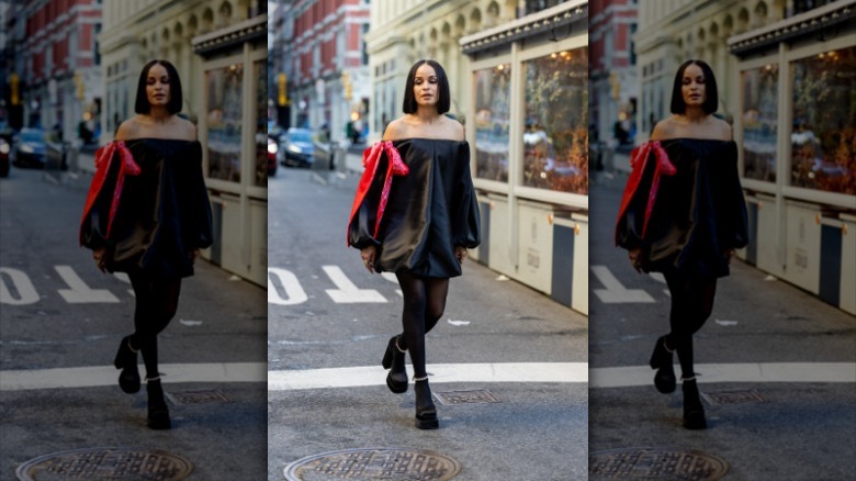 woman wearing leather bubble dress