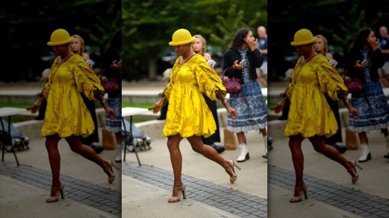 woman wearing yellow bubble dress