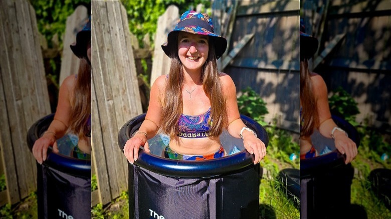 woman wearing plant print bucket hat