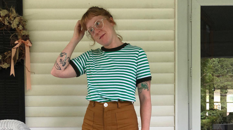 Green striped ringer tee