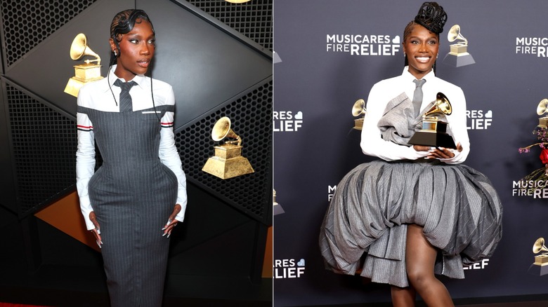 Side-by-side of Doechii wearing two Thom Browne looks at the 2025 Grammys.