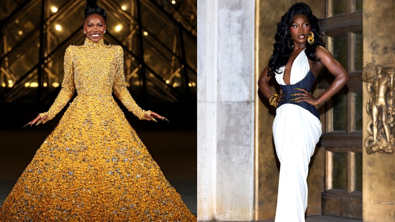 Side-by-side of Doechii wearing Valentino and Schiaparelli gowns at Paris Fashion Week 2025.