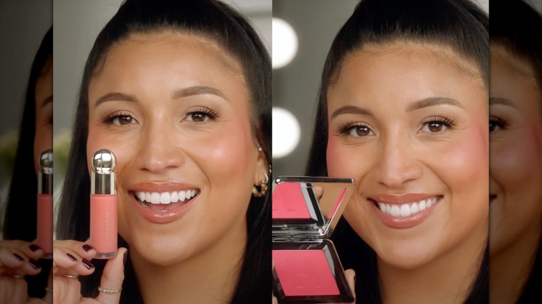 Woman demonstrating powder and liquid blush