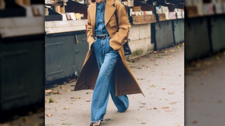 Camel coat and a boho denim outfit