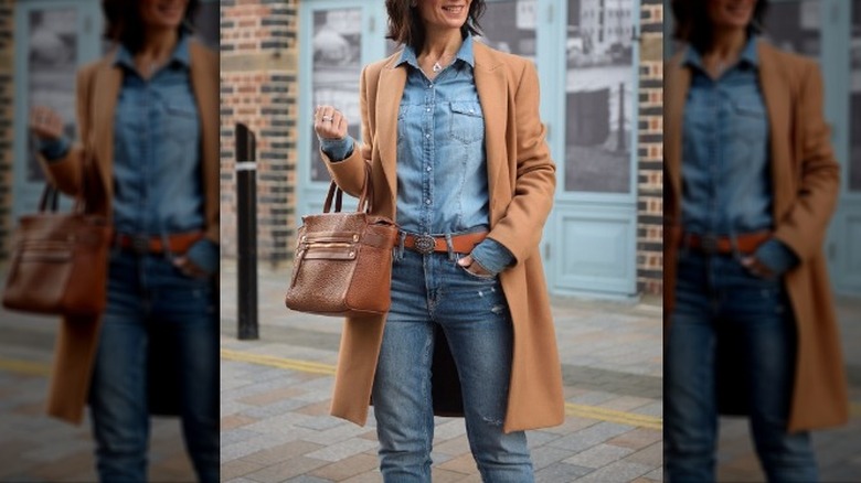 Camel coat on denim