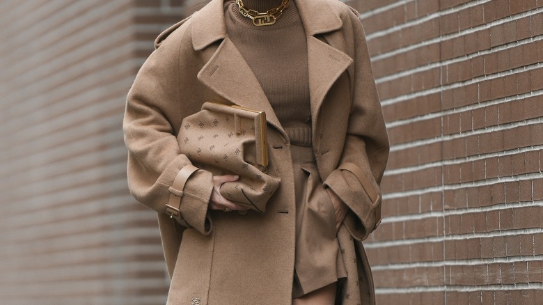 Camel coat on a beige outfit