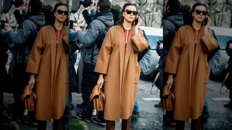 Irina Shayk in a camel coat and boots