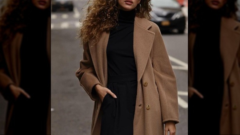 woman in a camel coat