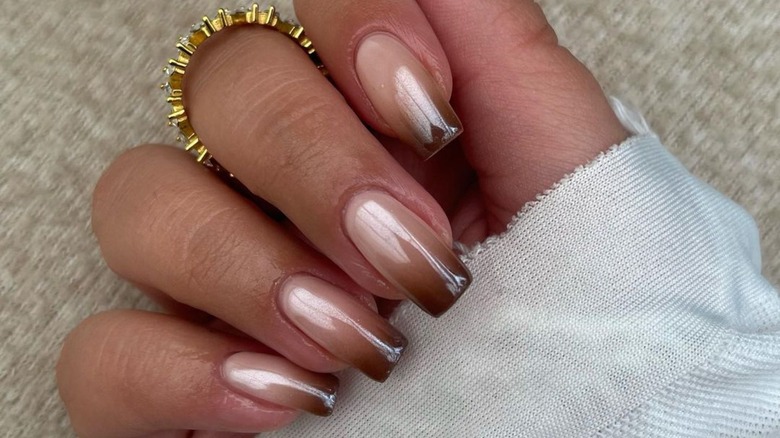 ombre brown french nails with chrome top coat