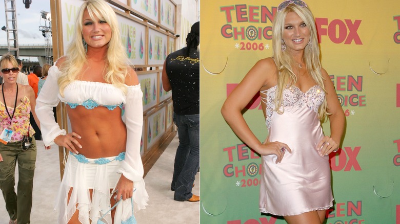 Brooke Hogan in white and wearing a silky minidress.