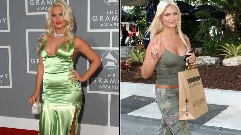 Brooke Hogan in green on the red carpet, and walking in cargo pants.